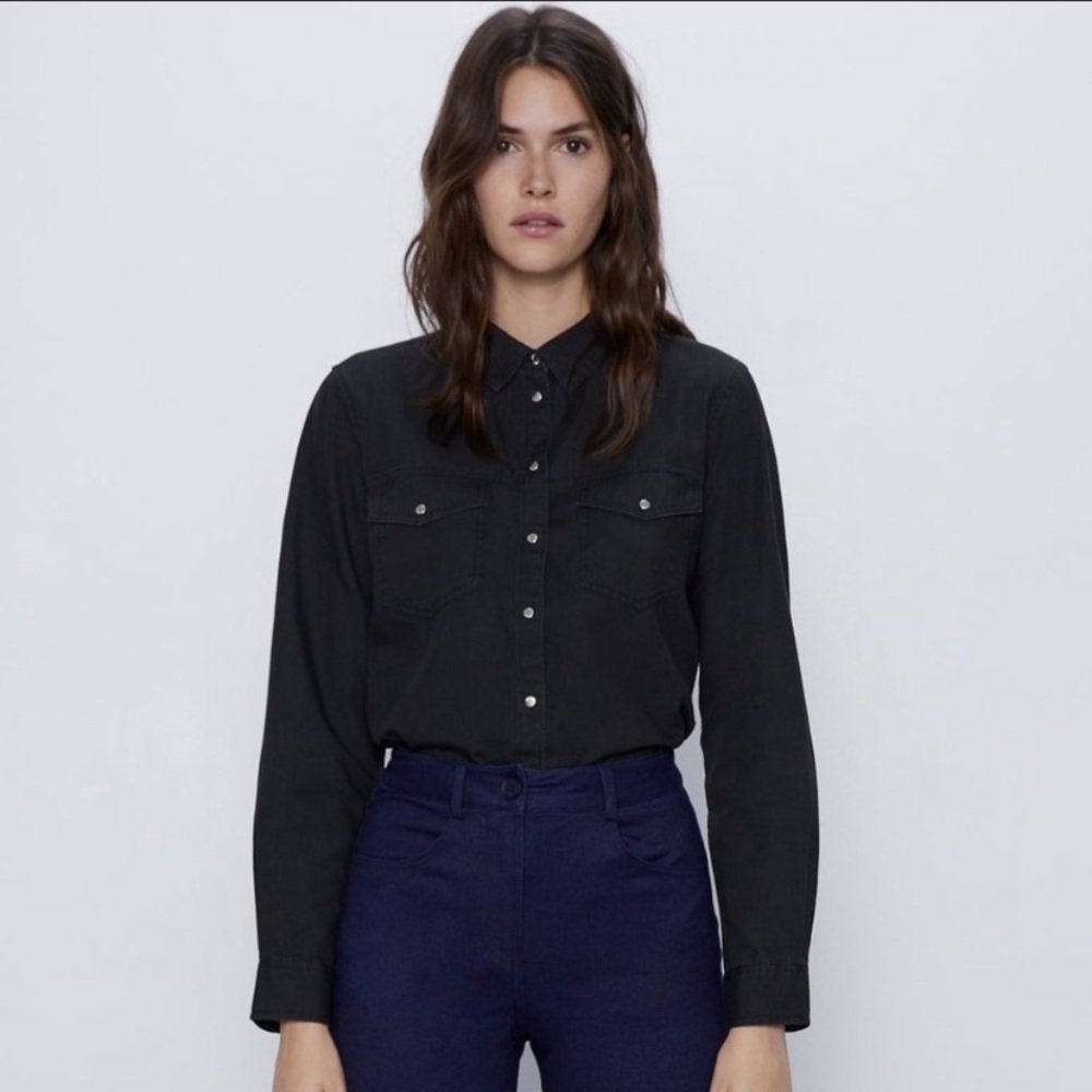 ZARA Black Denim Shirt w/pockets Long Sleeve Small